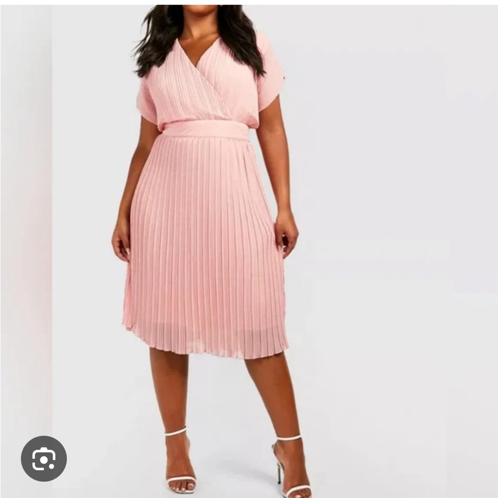 Boohoo. Plus size pink pleated formal dress